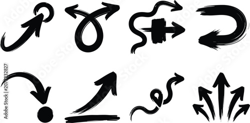 Hand Drawn Brush Arrow Icons Set with Curved Direction and Dynamic Navigation Symbols