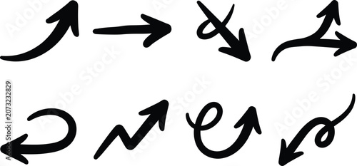 Hand Drawn Brush Arrow Icons Set with Curved Direction and Navigation Symbols