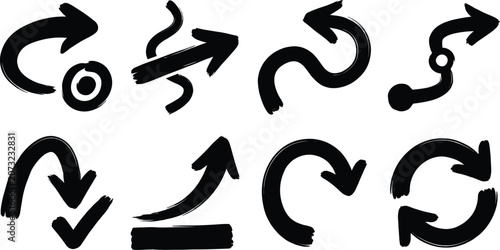 Hand Drawn Brush Arrow Icons Set with Curved Direction and Refresh Symbols
