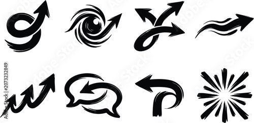 Hand Drawn Brush Arrow Icons Set with Dynamic Direction and Creative Motion Symbols