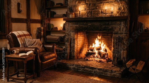 A warmly lit interior scene showcases a rustic living room with a large stone fireplace as the focal point. A comfortable leather armchair sits before the fire, inviting relaxation.