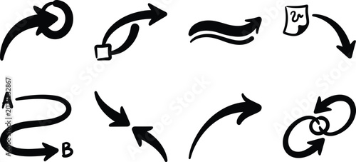 Hand Drawn Curved Arrow Icons Set with Direction Flow and Navigation Symbols