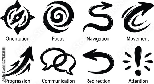 Hand Drawn Navigation Arrow Icons Set with Direction Focus Communication and Progress Symbols