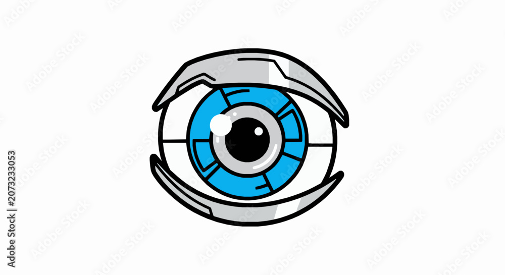 Obraz premium Futuristic robotic eye icon, vector illustration of a cybernetic eye with blue iris and metallic eyelids