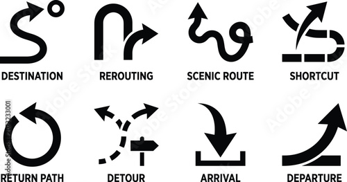 Navigation Direction Arrow Icons Set with Route Planning Arrival and Departure Symbols