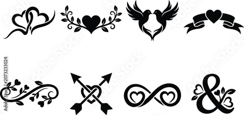 Romantic Love Symbol Icons Set with Hearts Infinity Floral and Wedding Design Elements