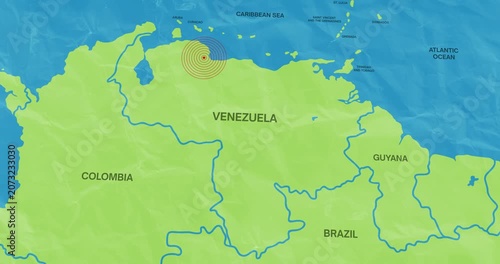 Motion graphic video of an earth waves concentric lines into a Venezuela map of an earthquake epicenter composition concept