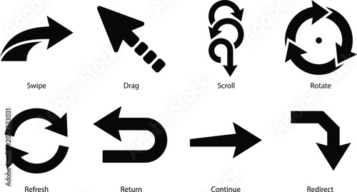 User Interface Gesture and Navigation Arrow Icons Set with Swipe Drag Rotate and Refresh Symbols