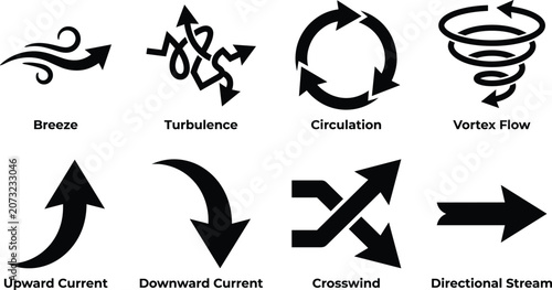 Wind Flow and Air Current Arrow Icons Set with Circulation and Vortex Symbols