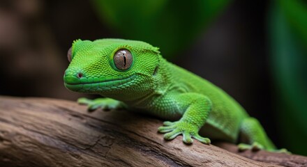 Green lizard on tree branch.