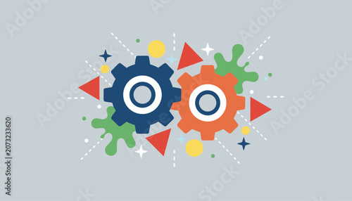 Technical cog wheels gear mechanism illustration with colorful geometric shapes and splashes on a light grey background.