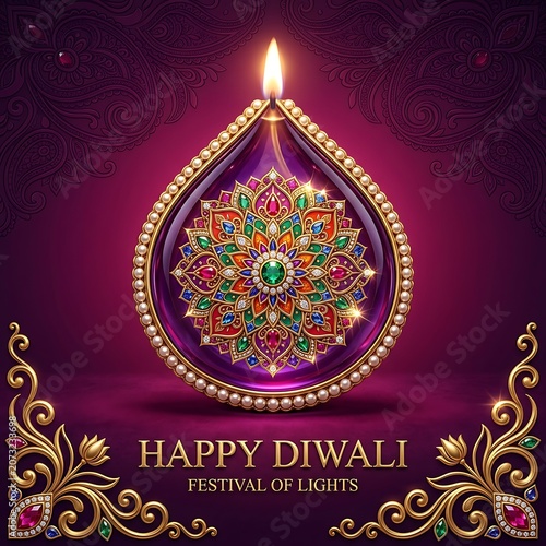 Diwali festival greeting card with ornate glowing diya lamp and floral mandala