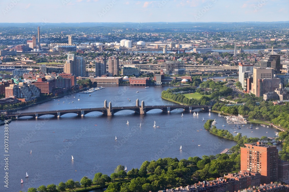 Fototapeta premium Boston city, Massachusetts. Aerial view of Back Bay with Charles River.