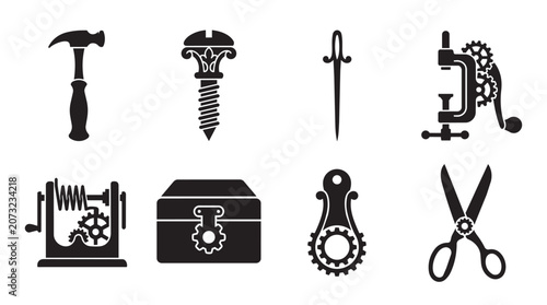 Foto Set of black silhouette featuring a hammer, screw, needle, mechanical clamp, han