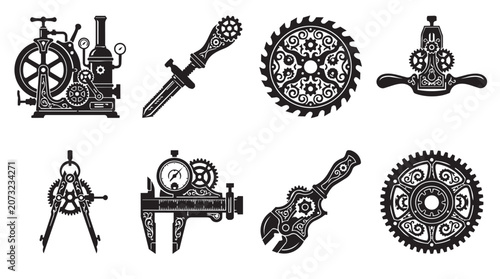 Foto Set of eight black and white steampunk featuring mechanical gears, a steam engin