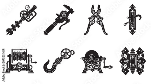Photos Set of eight black silhouette featuring vintage mechanical tools, antique hardwa