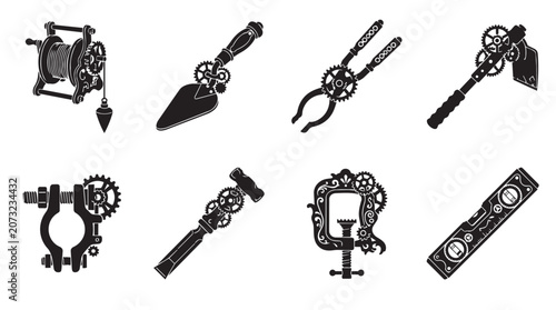 Schilderij op canvas Set of eight steampunk style hand tools including a plumb bob, trowel, pliers, w