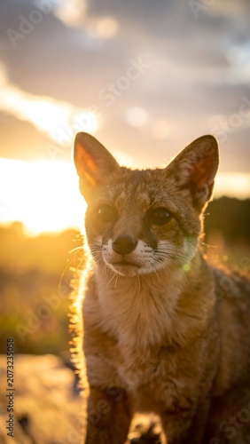 Wild Fox Standing in Field at Sunset.