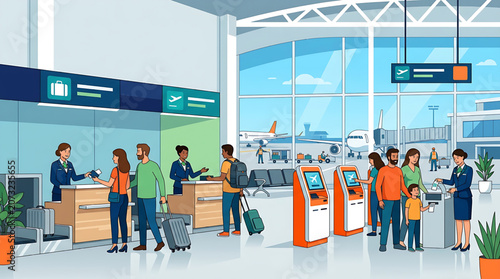 Travelers at busy airport terminal with staff assistance and self-service kiosks for efficient flight departures