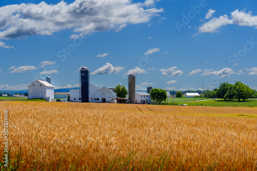 Farm landscape with buildings and fields in rural Lancaster County during the day