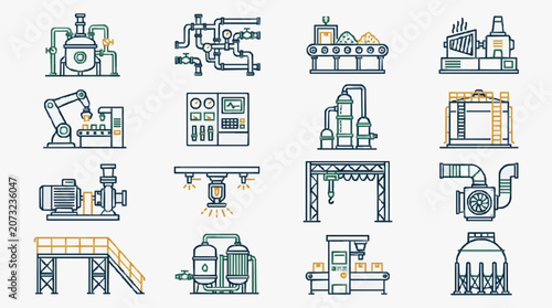 Tableau sur toile Corporate Industrial Equipment Icons Set Minimalist Line Art of Factory Machiner