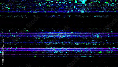 RGB glitch overlay with distorted screen signal, digital interference and noisy scan line texture on black background for cyber design, video editing, futuristic posters or tech compositions.