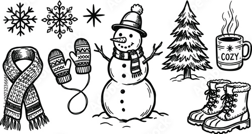 Winter themed doodle set with snowman scarf hat and cozy elements