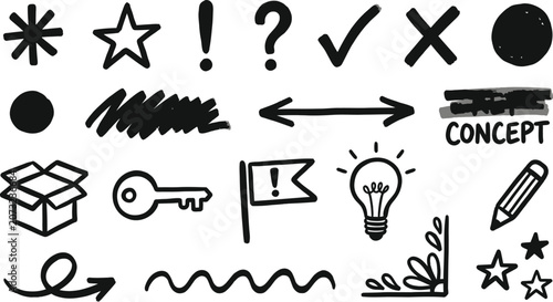 Hand Drawn Doodle Elements With Stars Arrows And Lightbulb On White Background