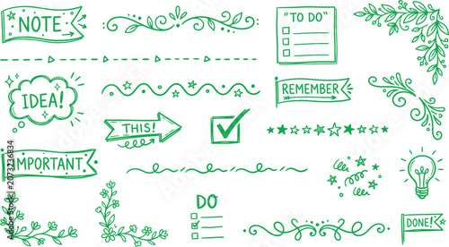 Hand Drawn Green Notes And Doodles With Floral Elements On White Background