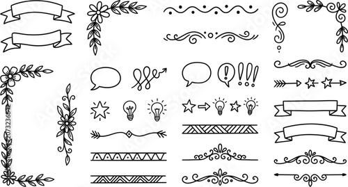 Collection of hand drawn floral flourishes and decorative doodle elements on white background