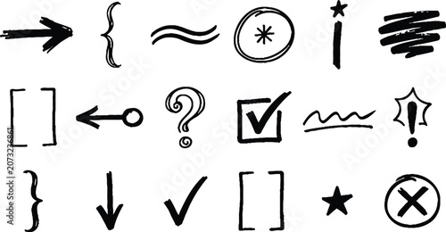 Hand Drawn Sketch Icons Set Including Arrows Brackets Stars And Checkmarks