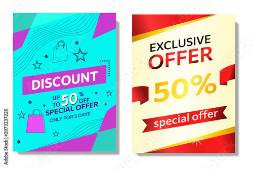 Creative discount sale flyer banner template collection, geometric graphic promotion layout set with 50% off special offer text for product clearance sales, business marketing ads