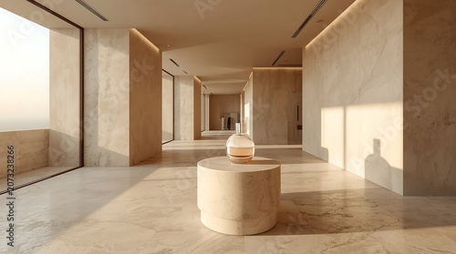 Modern Minimalist Interior Design with Warm Sunlight and Elegant Decor.