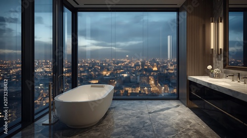 Luxurious Bathroom with Cityscape View at Dusk.