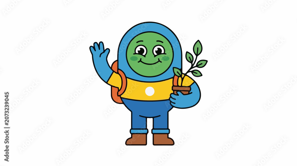 Obraz premium A cartoon character with a green face wearing blue and yellow holds a plant