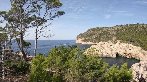 Panning Shot Across Dramatic Sea Cliffs on the Mallorca Coastline, Balearic Islands, Spain