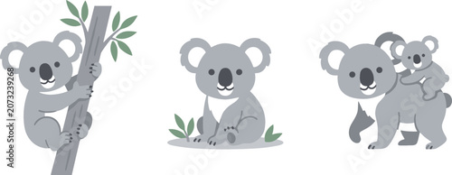 Photography Cute Koala Bear Cartoon Character Vector Set Featuring One Climbing a Tree sitti