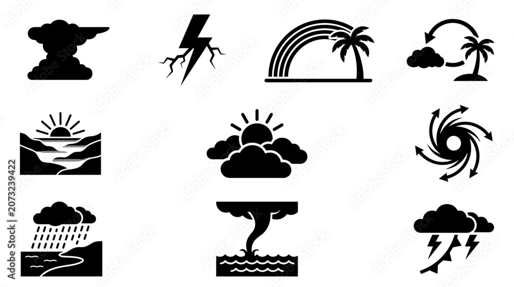 Naklejka premium Set of pixel art weather and natural disaster icons including sun, clouds, storm, rainbow, tornado, hurricane, rain