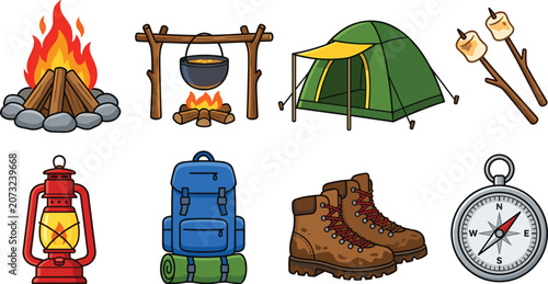 Set of camping and outdoor adventure equipment illustrations featuring tent campfire backpack compass lantern hiking boots and survival gear