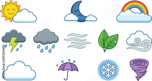 Set of cute weather icons featuring sun rainbow clouds rain storm wind snow tornado moon and nature symbols isolated on white background