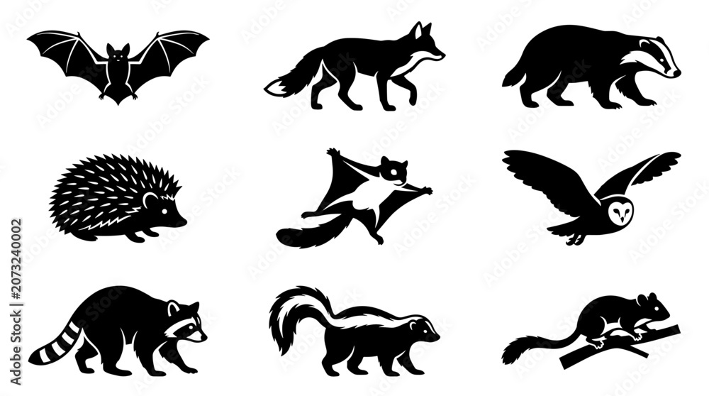 Obraz premium Pixel art animals collection, including bat, fox, badger, hedgehog, flying squirrel, owl, raccoon, skunk, and weasel in black and white