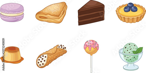 Set of assorted bakery dessert illustrations featuring macaron croissant chocolate cake tart flan cannoli lollipop and mint ice cream