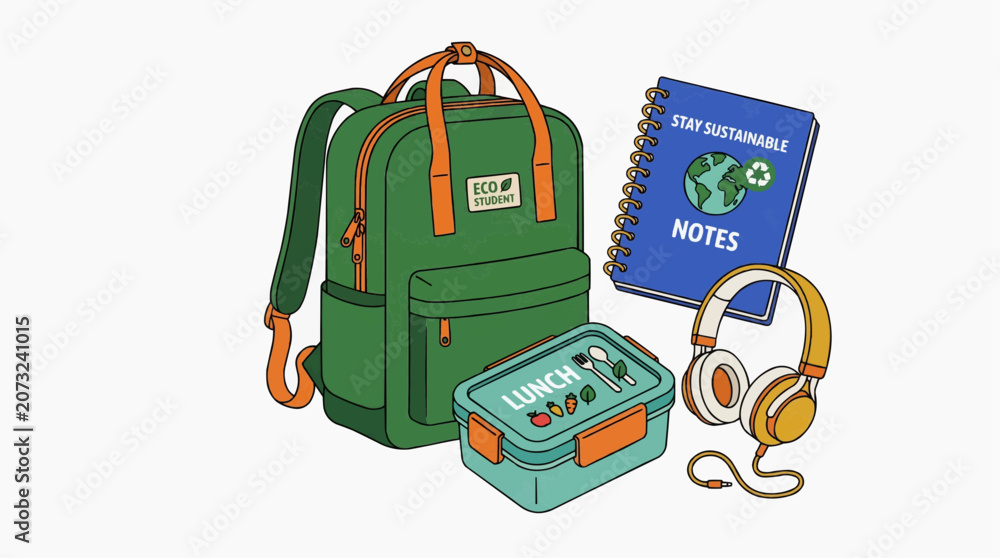 Fototapeta premium Eco student backpack lunchbox notebook and headphones for back to school concept back to school 2d flat vector
