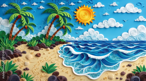 Paper Quilling Art Tropical Beach Scene with Palm Trees Ocean Waves Sun Seashells and Clouds Colorful Handcraft Illustration