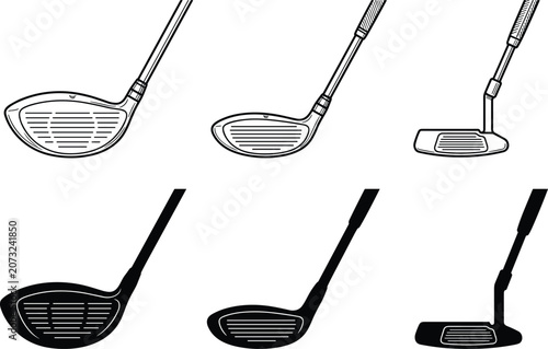 фотографія Golf club icons with driver wood putter silhouette outline vector illustration a