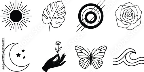 Set of minimalist boho botanical celestial and abstract line art icons featuring sun moon butterfly rose and tropical leaf illustrations