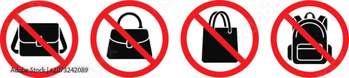 No bags allowed icons with prohibition symbols messenger handbag tote backpack restriction vector illustration artwork