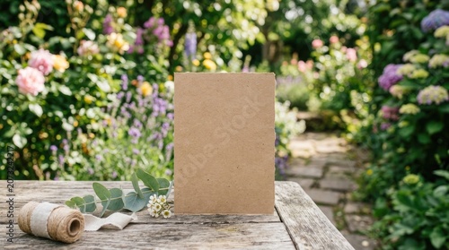 Brown cardboard on a wooden table in a garden with flowers and twine