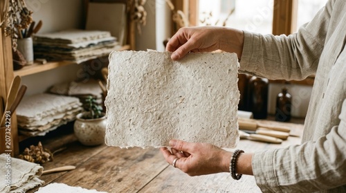 Person holding a piece of handmade paper in a workshop setting with natural materials