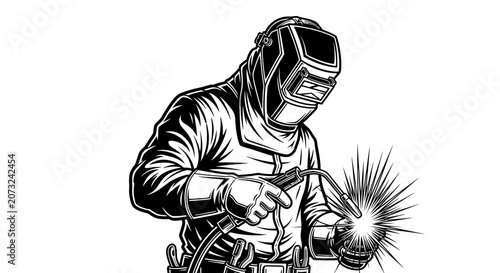 Bild auf Leinwand Welder Working with Protective Equipment Vector Illustration
